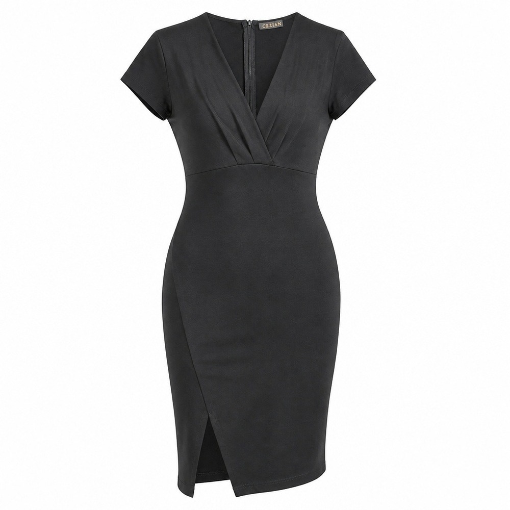 Cefian Black V-Neck Sheath Dress Short Sleeve Pleated Waist Slit D7683 LBD Sz-L